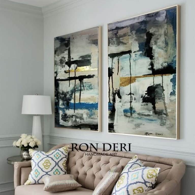Role exchange set of two paintings abstract by ron deri gold gray (2)