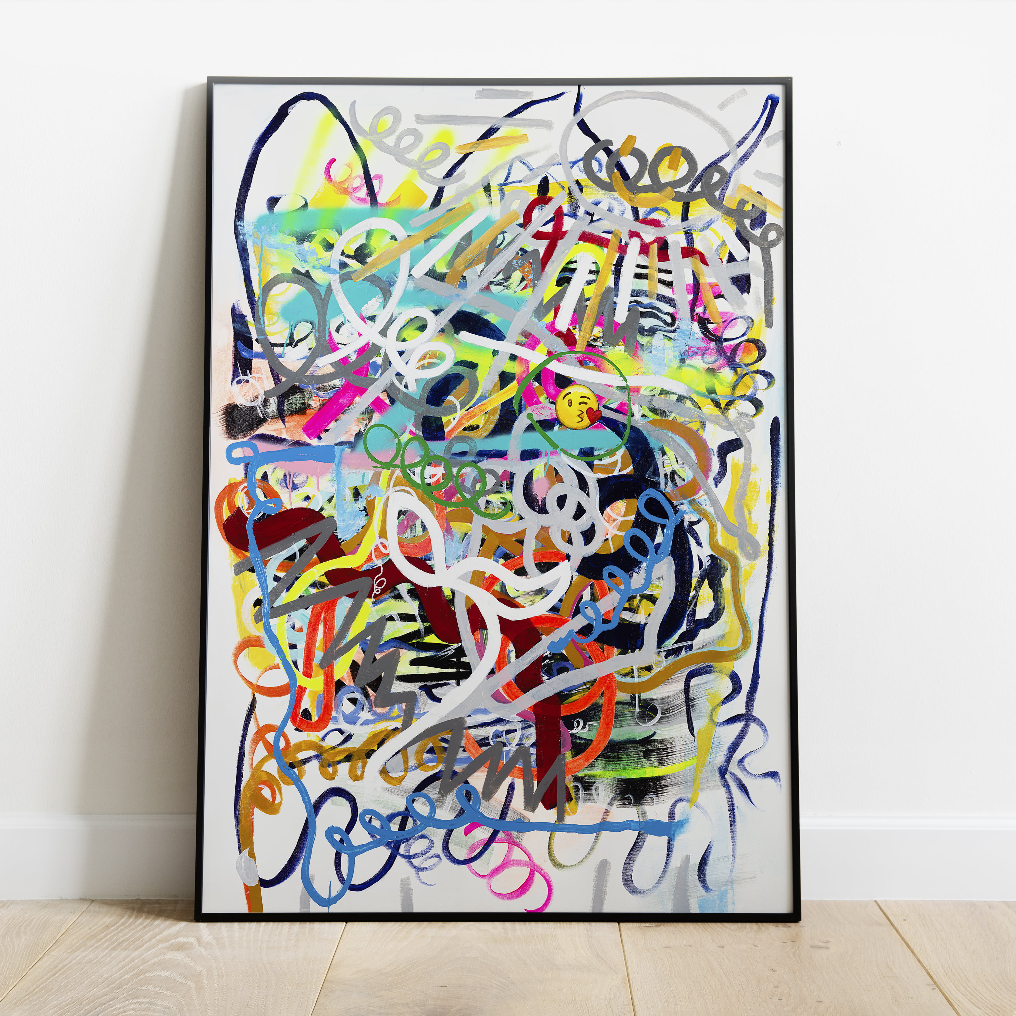 Colorful Modern Abstract Print on Canvas with Kiss Emoji