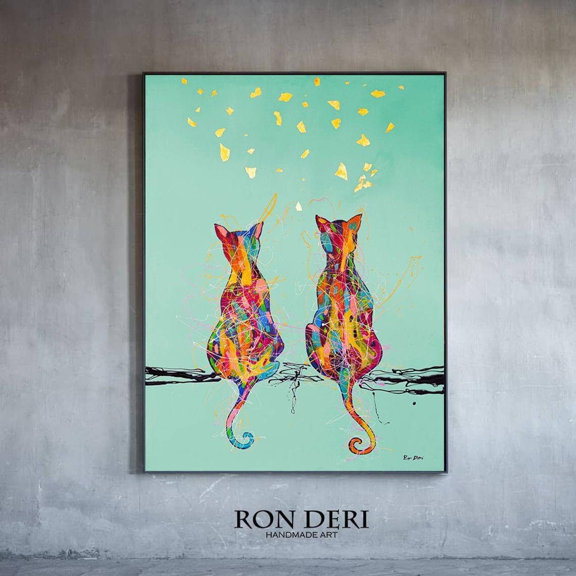 couple of cats and golden butterflies art print on canvas for sale