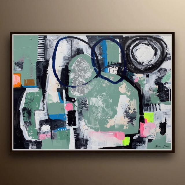 This original acrylic painting, "Urban Glyphs," showcases abstract modern art with thick, textured brushstrokes and palette knife work, featuring sage green, black, white, and pops of neon pink and blue.