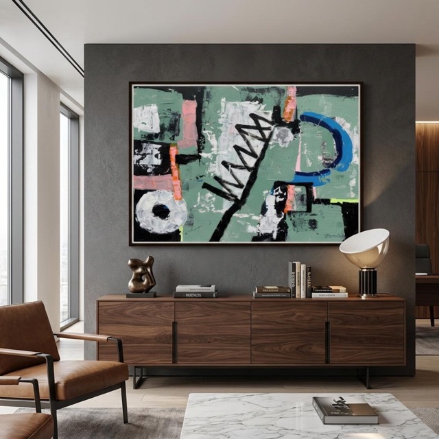 This original acrylic painting, "Mechanical," showcases a modern abstract style with thick, textured brushstrokes and palette knife work, featuring sage green, black, white, pink, and blue hues.