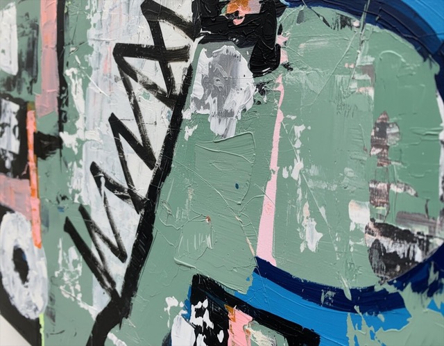 This original acrylic painting features a modern abstract style with thick, textured brushstrokes and palette knife work, showcasing sage green, deep blue, black, white, and pink hues.