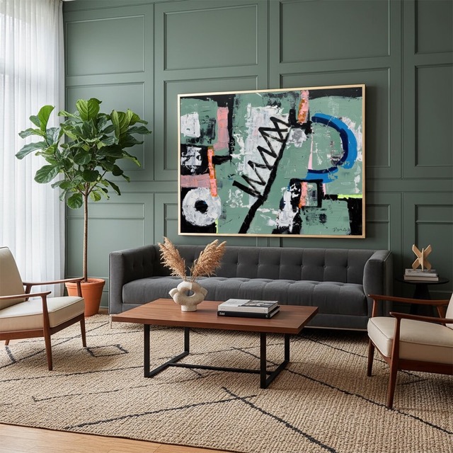 This original acrylic painting, 'Mechanical,' features bold, textured brushstrokes in a modern abstract style with dominant sage green, black, white, and pops of pink and blue.