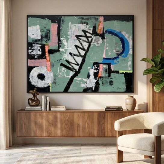 This original acrylic painting features bold, textured brushstrokes in sage green, black, white, pink, and blue, with a prominent black zigzag and a white ring motif.