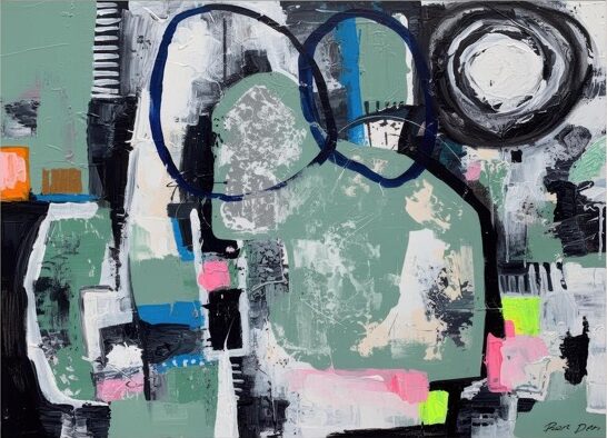 This original acrylic painting features abstract geometric shapes with impasto texture, showing bold brushstrokes in sage green, black, white, and pops of neon pink and orange.