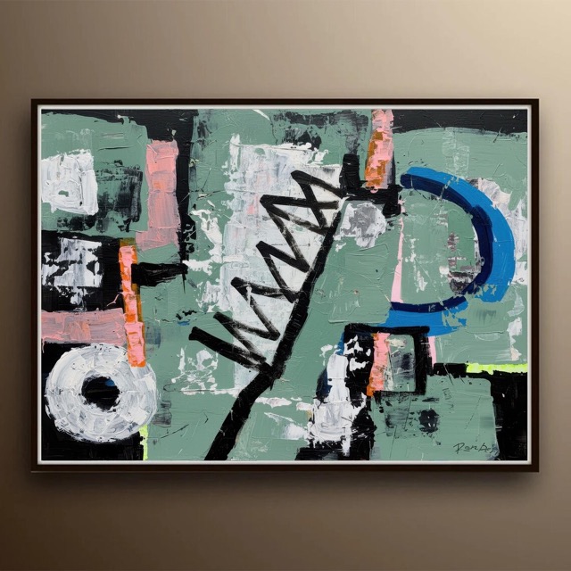This original acrylic painting, "Mechanical," features a modern abstract style with thick, textured brushstrokes and palette knife work in sage green, black, white, coral, and blue hues.